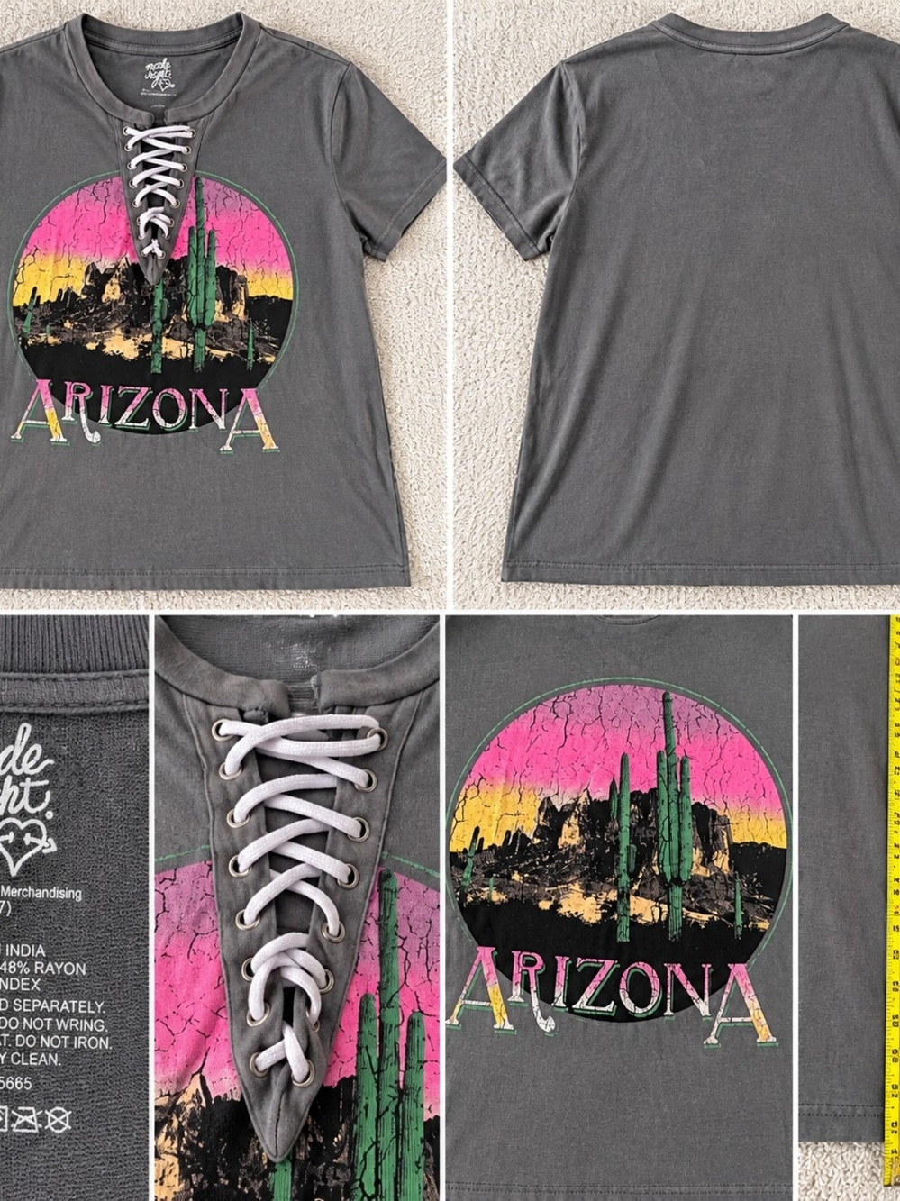 Arizona Lace-Up Graphic Tee - Charcoal Gray & Pink